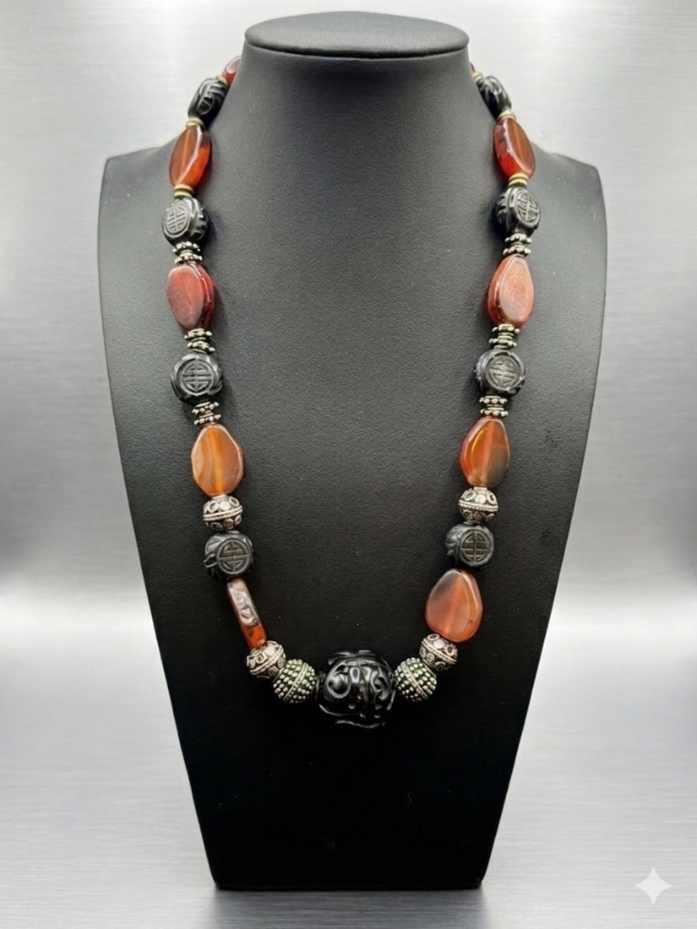 Antique Tibetan Style Carnelian & Carved Onyx Beads Ethnic & Regional Necklace - Picture 3 of 7